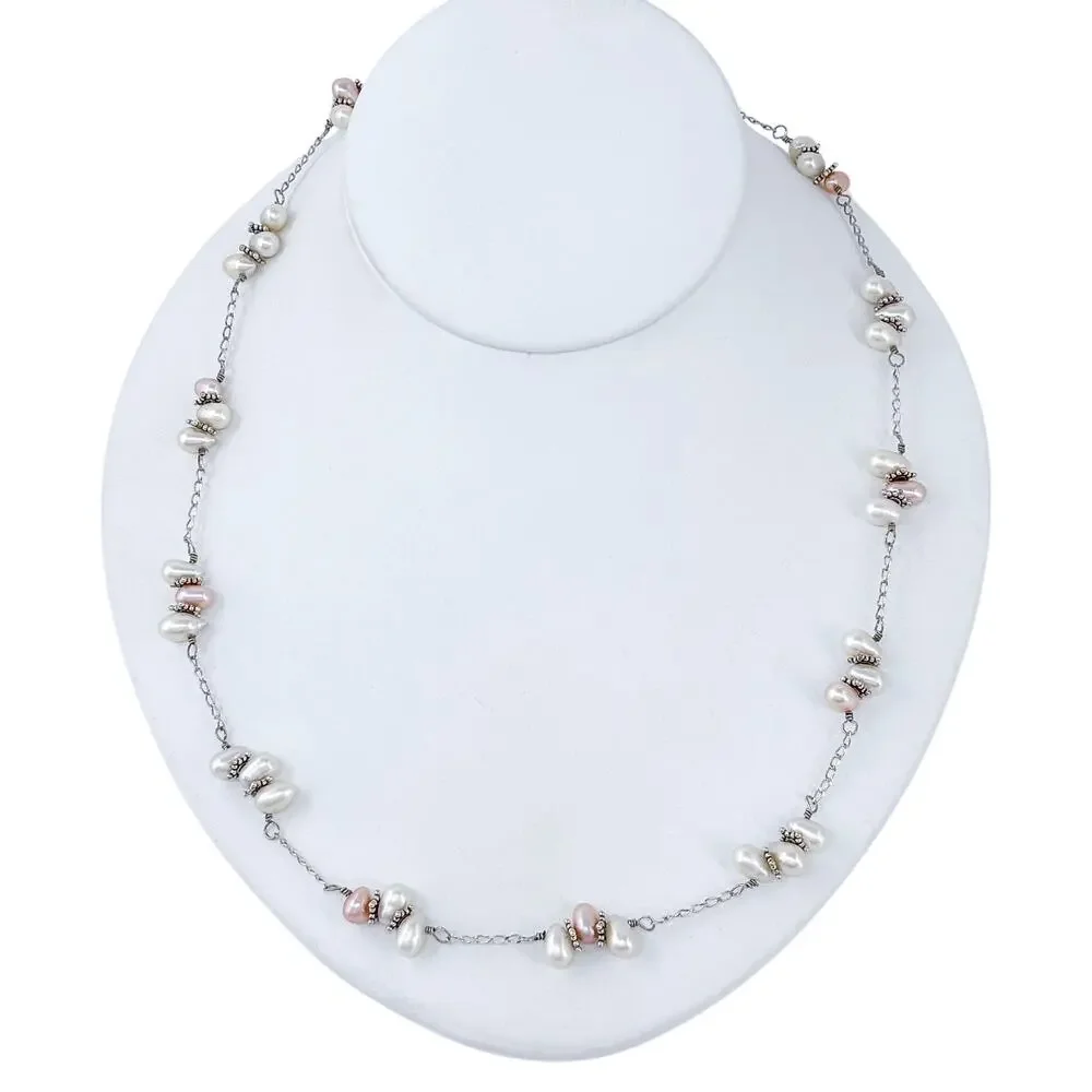 Vintage Sterling Silver 925 Freshwater Pearl Station Necklace 20